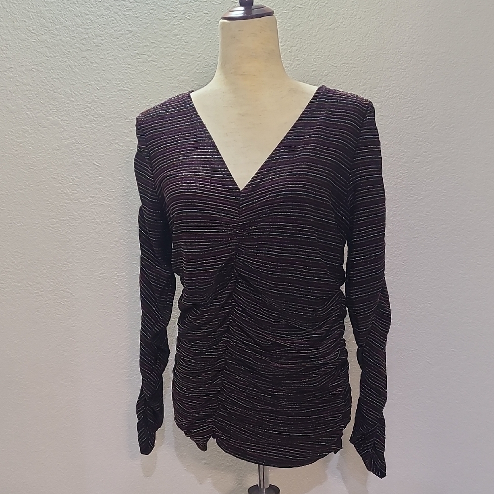 Long Sleeve V-Neck Ruched Top - Black with Subtle Metallic Stripes